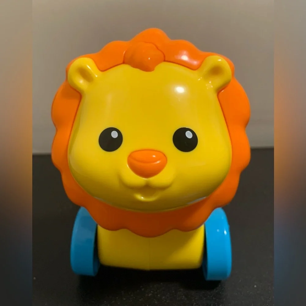 Bright Yellow & Orange Lion Push Toy with Blue Wheels